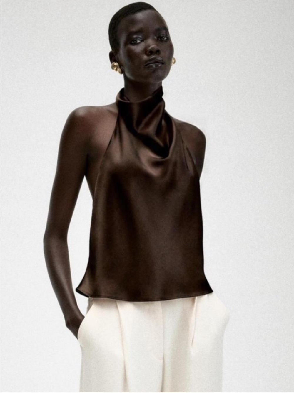 Zara Satin Halter Neck Top in Dark Brown